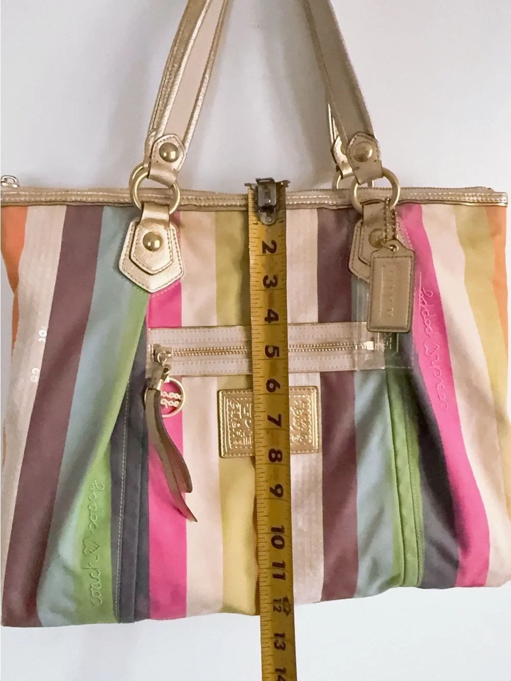 Authentic Coach Poppy Legacy Multicolor Stripes Tote Sequin & Gold Leather - Picture 8 of 12